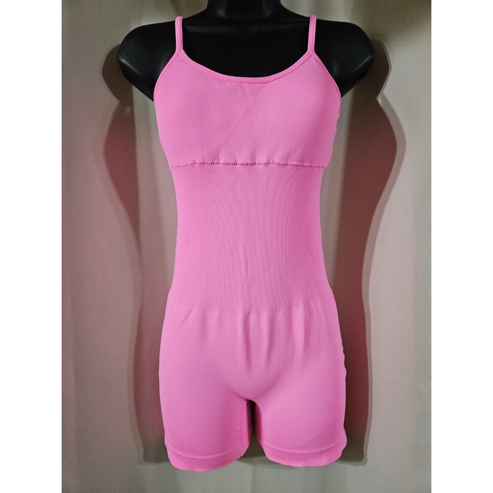 OQQ Pink Ribbed Seamless Romper Bodysuit‎ Womens Medium Adjustable Straps Active